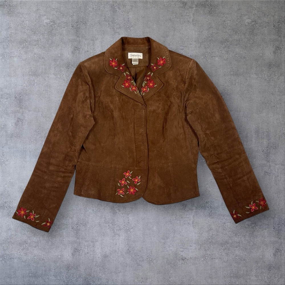 VTG Chadwicks Brown Suede Leather Jacket Womens 16 Floral Embroidery Boho 90s‎